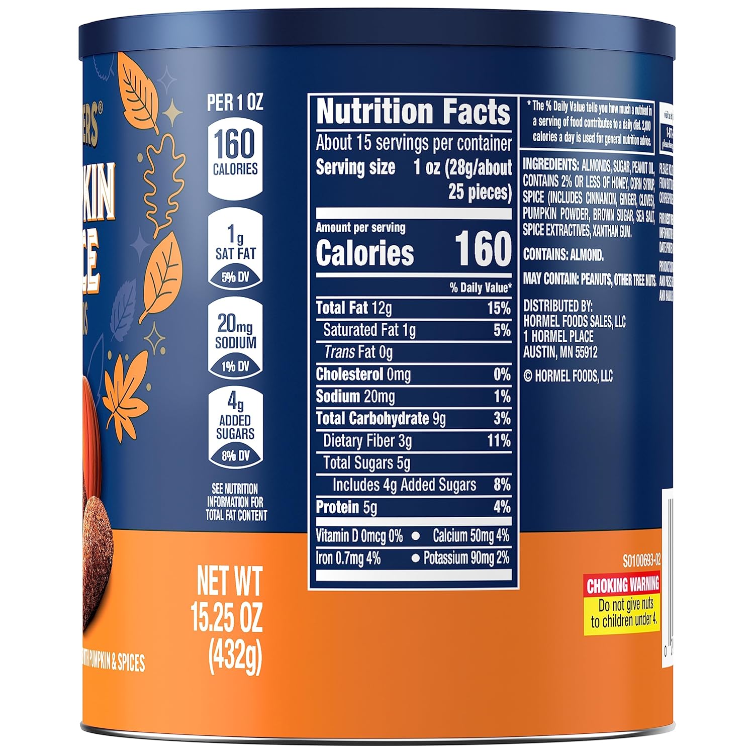 PLANTERS Fall Edition Pumpkin Spice Almonds, 15.25 oz Canister - 24hrsmart